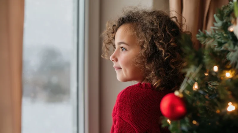 Young girl in red sweater looking out window beside christmas tree