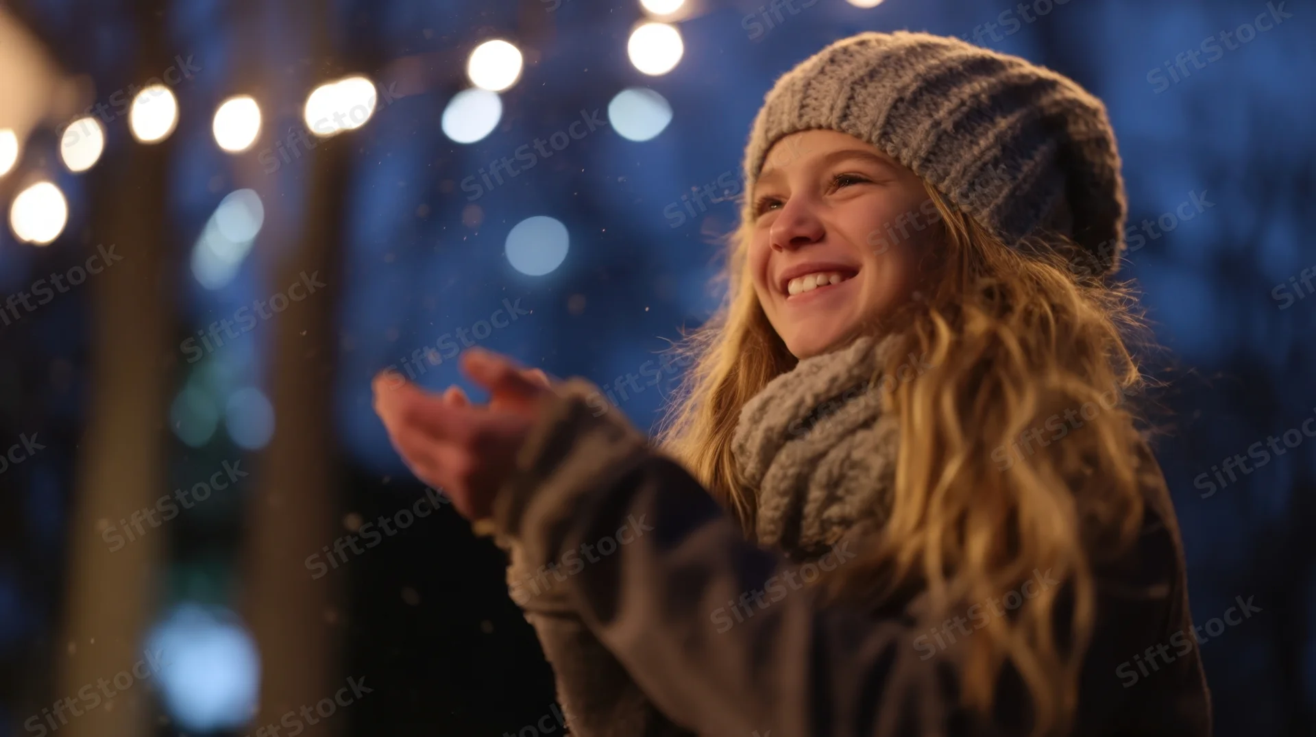 Young girl smiling with hands outstretched in falling snow at night under string lights in a winter park