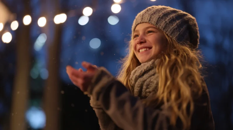 Young girl smiling with hands outstretched in falling snow at night under string lights in a winter park