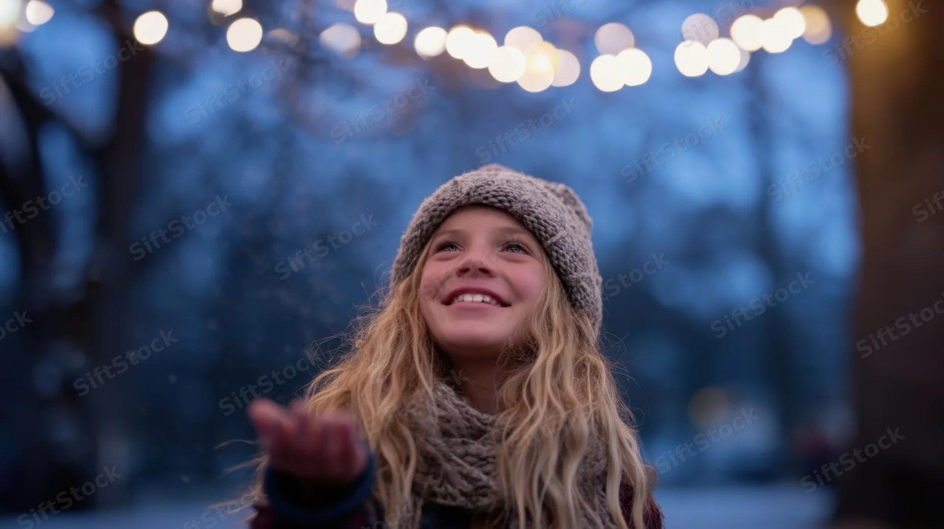 Young girl smiling with snowflakes falling, wearing knit hat and scarf in a winter park at dusk under string lights