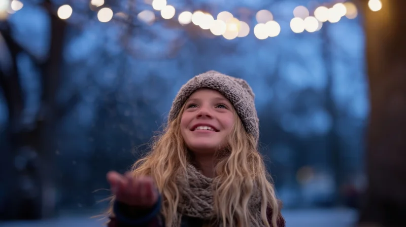 Young girl smiling with snowflakes falling, wearing knit hat and scarf in a winter park at dusk under string lights