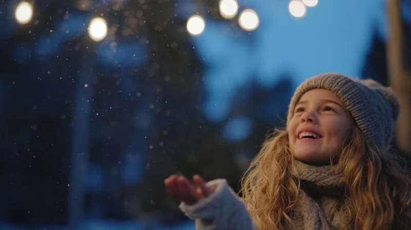 Young girl smiling and catching snowflakes outdoors at twilight under string lights