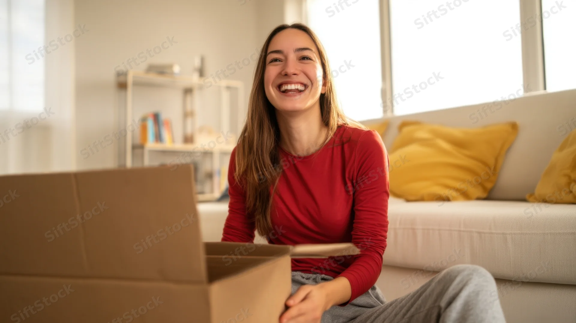Young woman smiling while unpacking a cardboard box in a modern living room