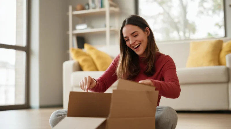 Young woman smiling while opening a cardboard box on the floor in a modern living room