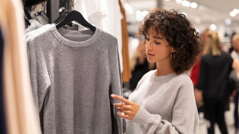 Young woman examining a grey knit sweater on a rack in a clothing store