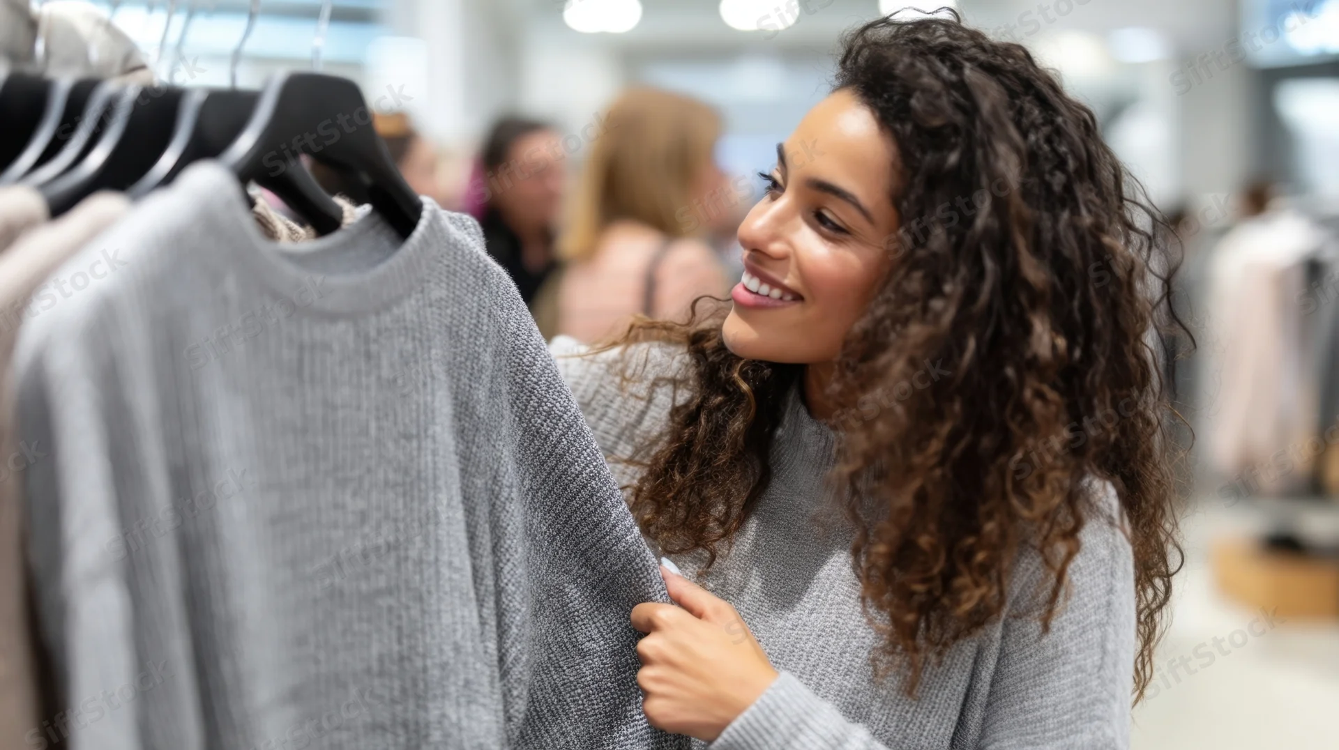 Young woman smiling while browsing grey sweater on rack in clothing store