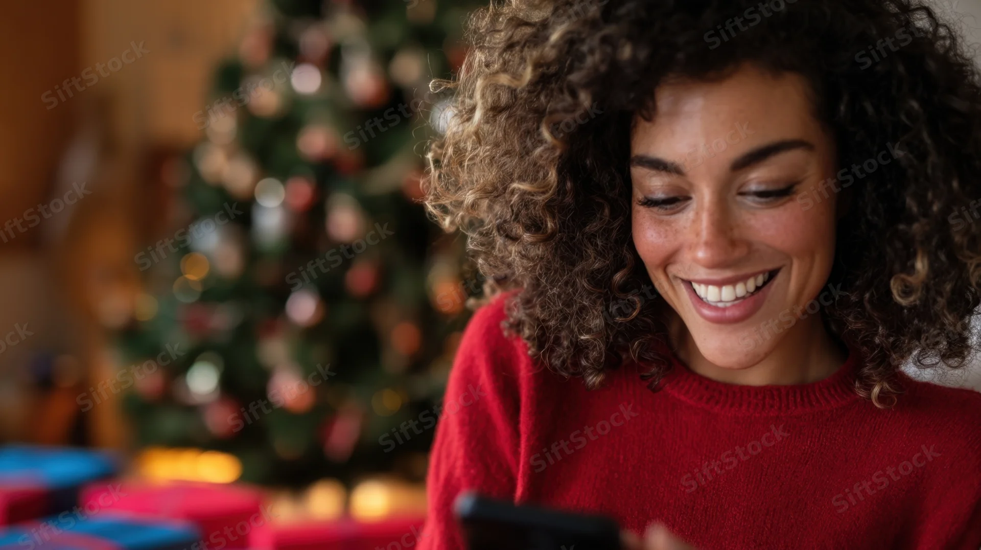 Young woman smiling while using smartphone in front of decorated christmas tree at home
