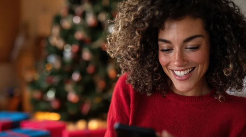 Young woman smiling while using smartphone in front of decorated christmas tree at home