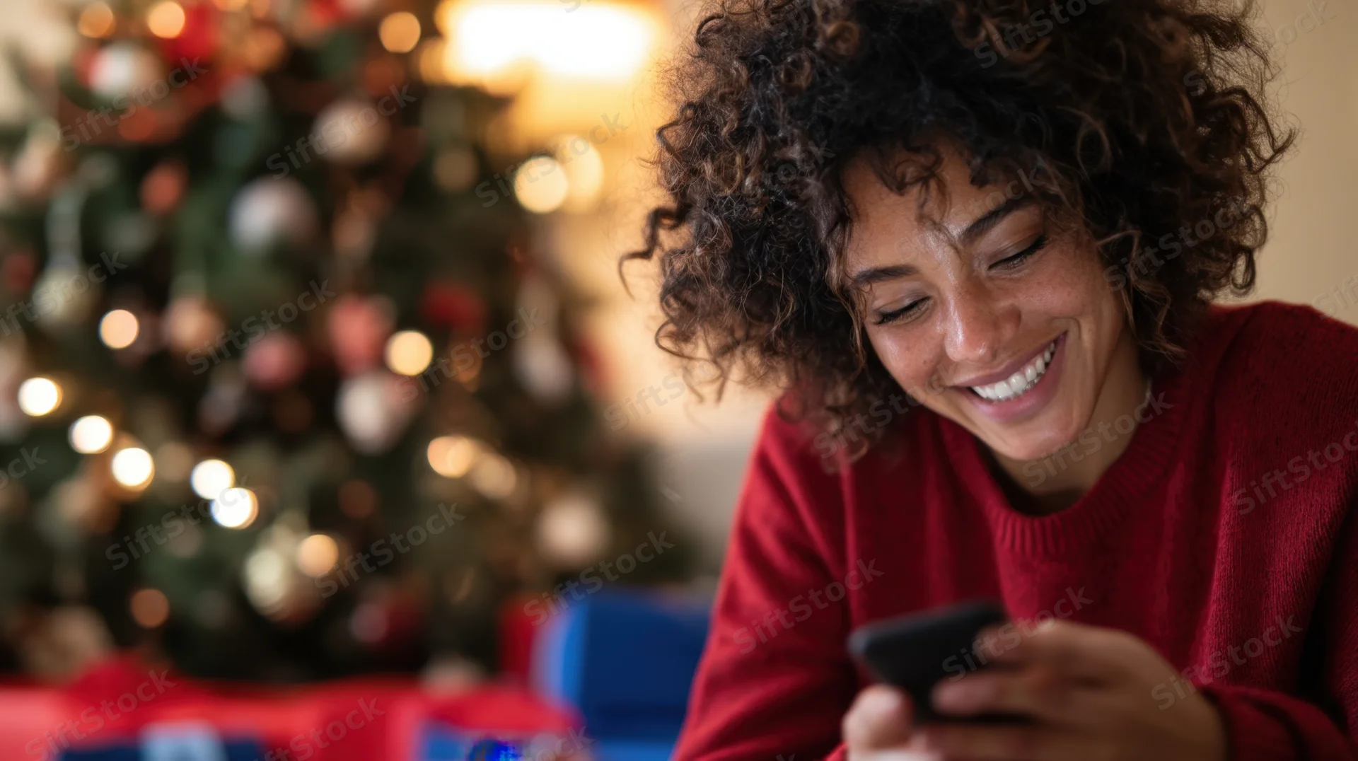 Young woman smiling while using smartphone in front of decorated christmas tree at home
