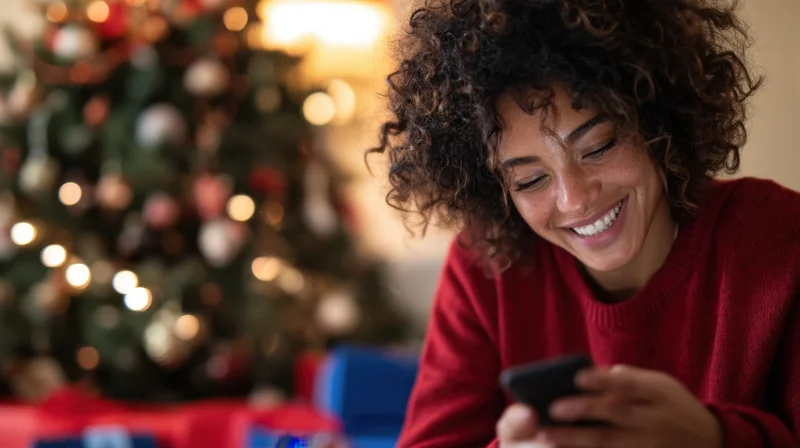 Young woman smiling while using smartphone in front of decorated christmas tree at home