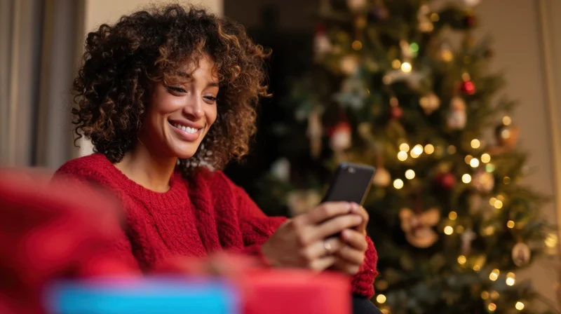 Young woman smiling while using smartphone near decorated christmas tree with gifts in foreground