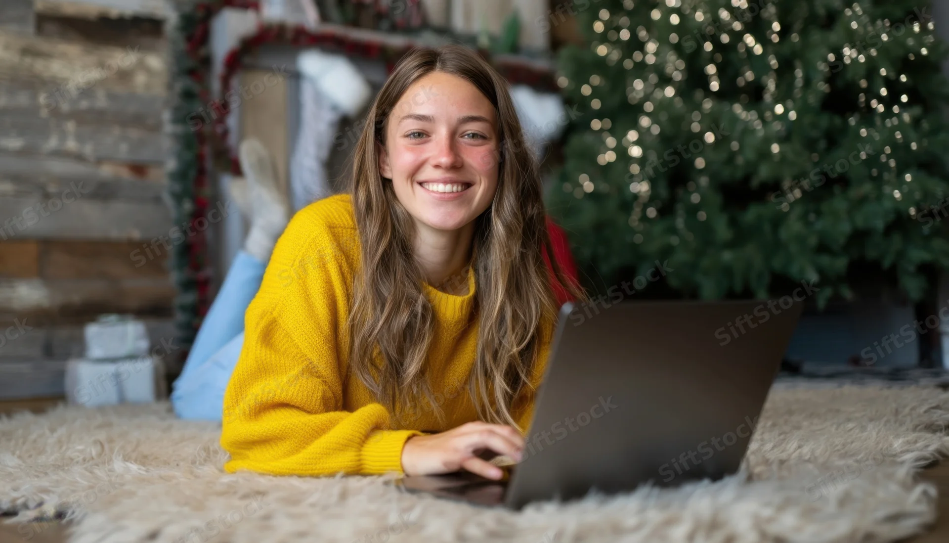 Young woman smiling while using laptop on rug in front of christmas tree and fireplace