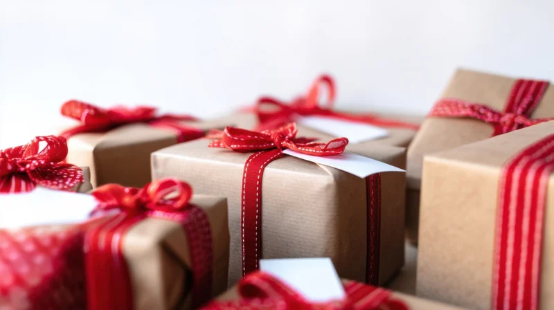 Gift boxes wrapped in brown paper with red ribbons and tags arranged closely together