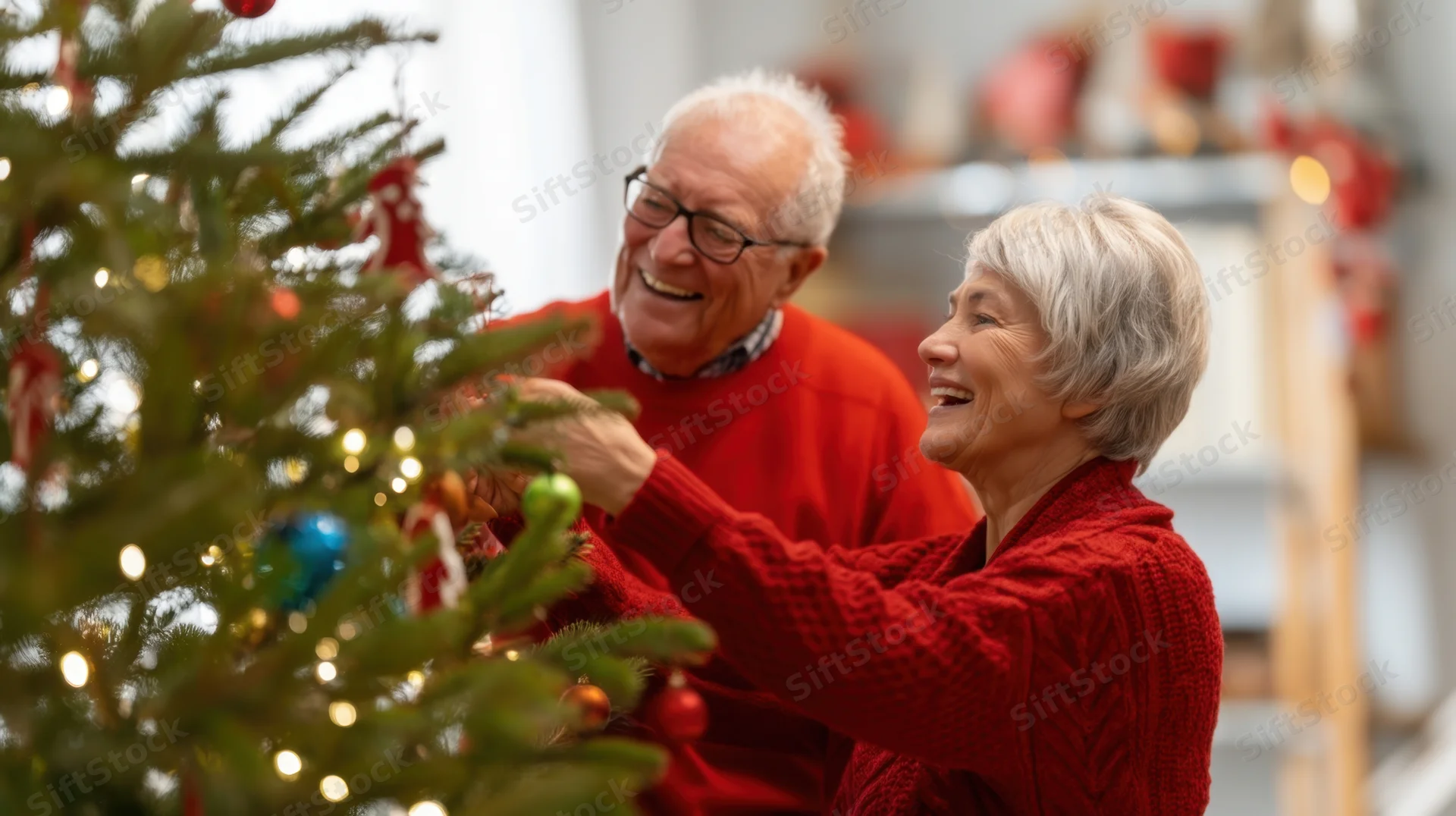 Elderly couple smiling while decorating a christmas tree in their living room