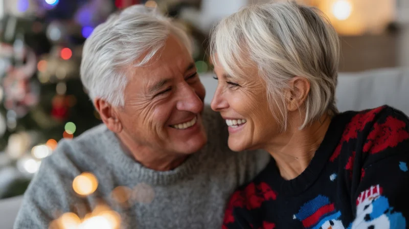 Elderly couple smiling warmly at each other in a cozy living room with christmas lights in the background