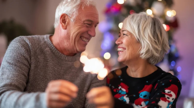 Elderly couple smiling warmly at each other in front of a decorated christmas tree