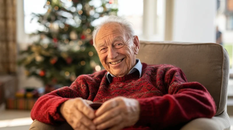 Senior man smiling while sitting in armchair with christmas tree in background