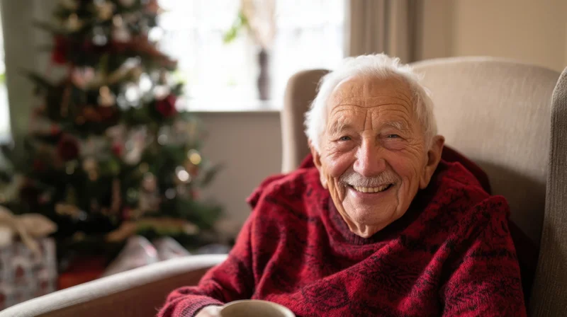 Elderly man smiling while sitting in armchair with christmas tree in background