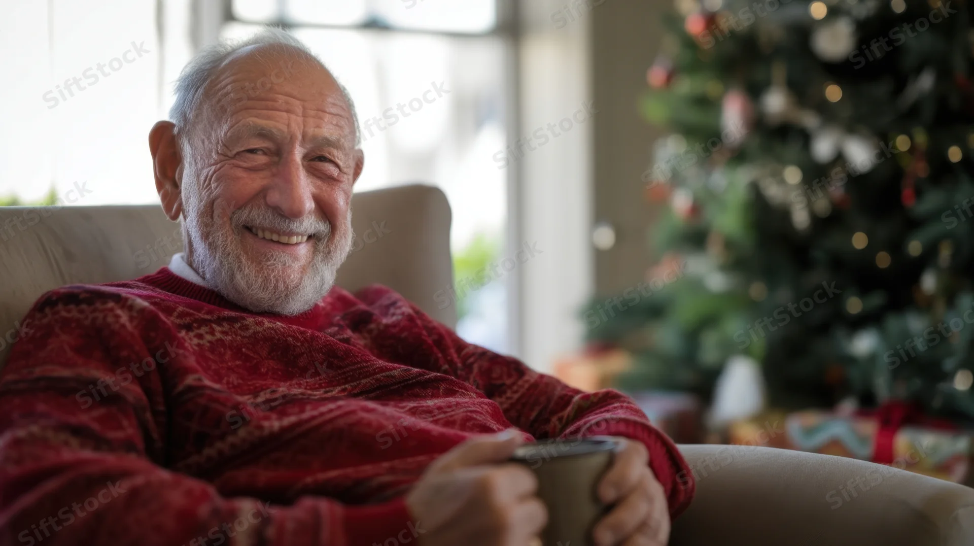 Senior man smiling while holding a mug in a cozy living room with a decorated christmas tree in the background