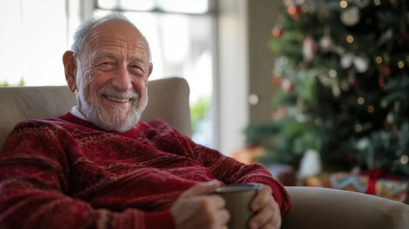 Senior man smiling while holding a mug in a cozy living room with a decorated christmas tree in the background