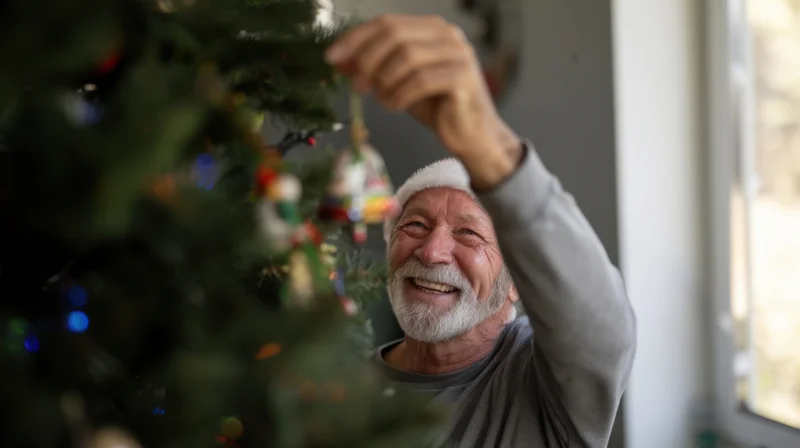 Senior man smiling while hanging a christmas ornament on a tree indoors