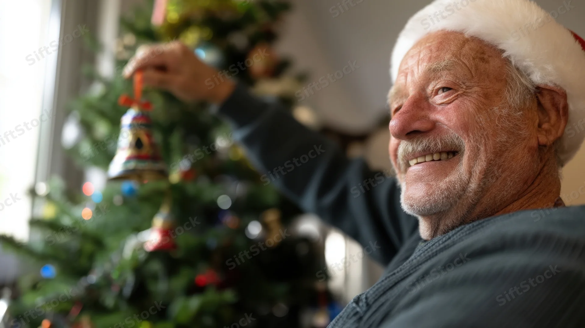 Senior man smiling while hanging ornament on christmas tree indoors