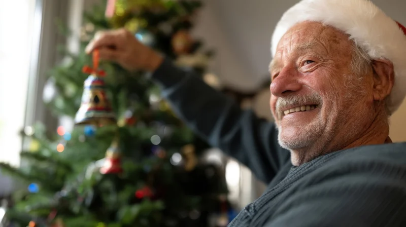 Senior man smiling while hanging ornament on christmas tree indoors