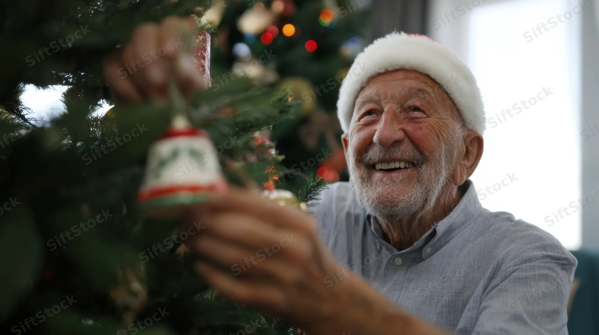 Senior man smiling while hanging a christmas ornament on a decorated tree indoors