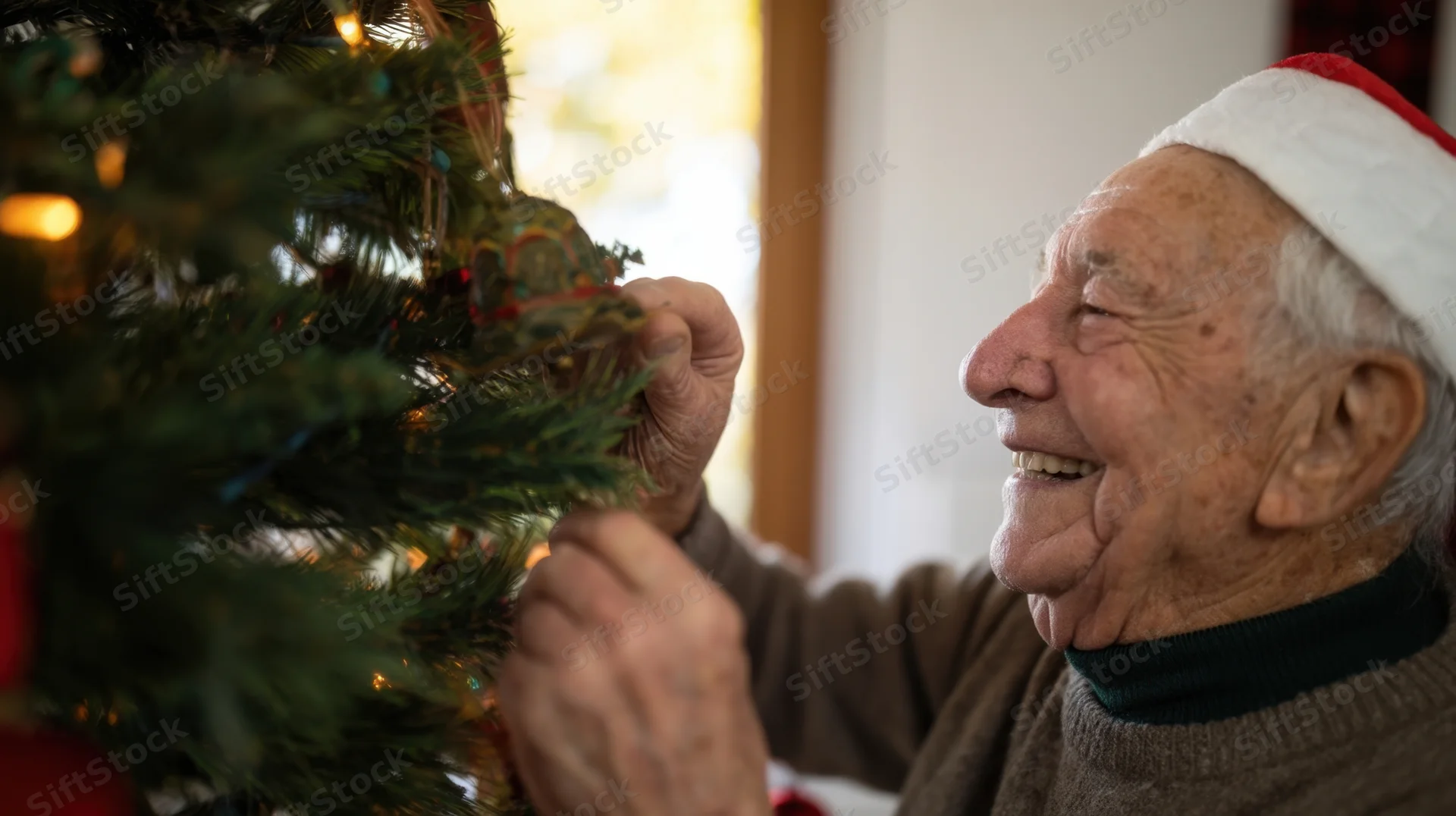 Elderly man smiling while hanging ornament on christmas tree indoors