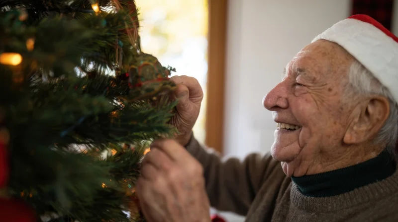Elderly man smiling while hanging ornament on christmas tree indoors