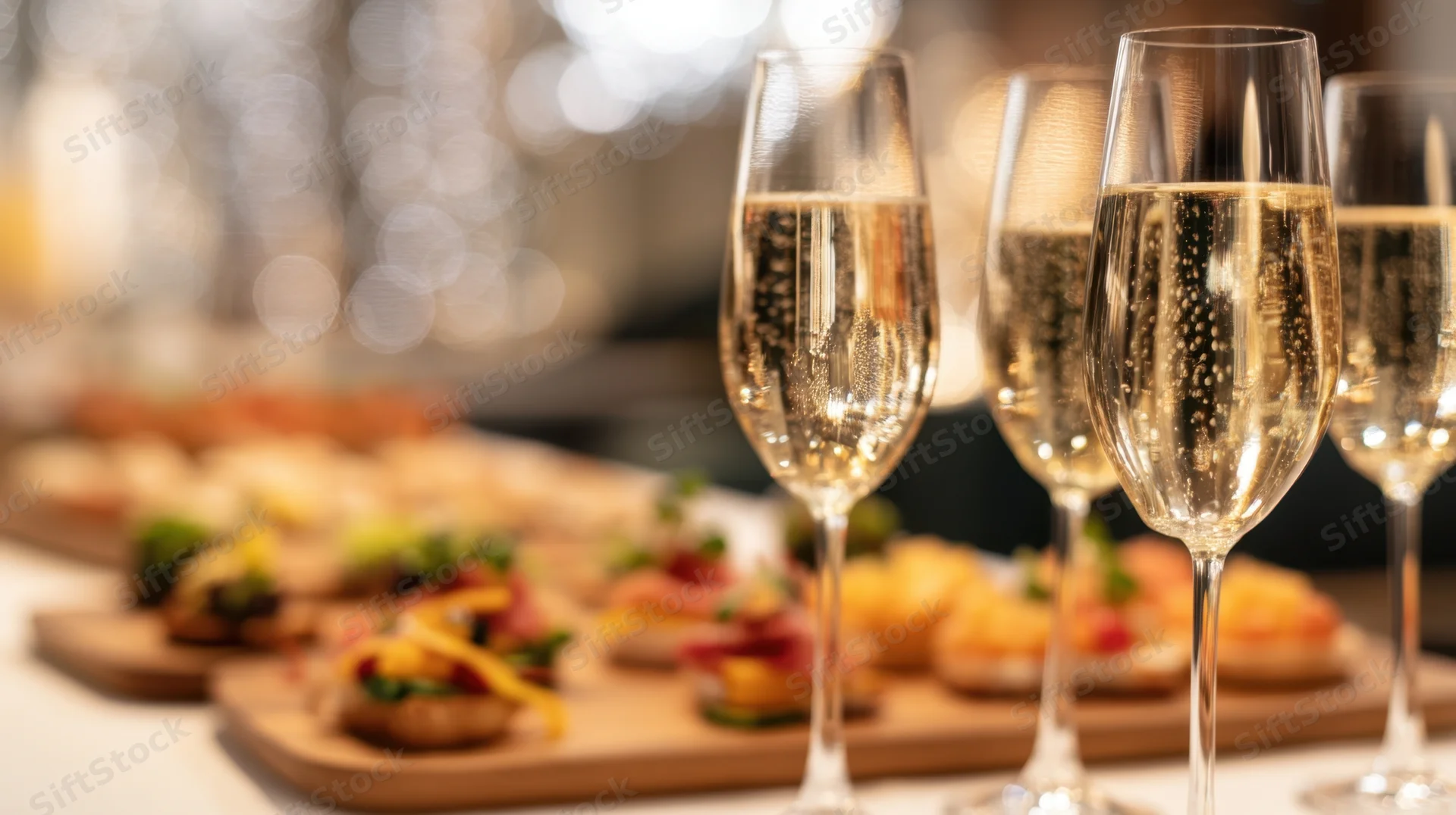 Fluted champagne glasses filled with sparkling wine on a table with appetizers in the background
