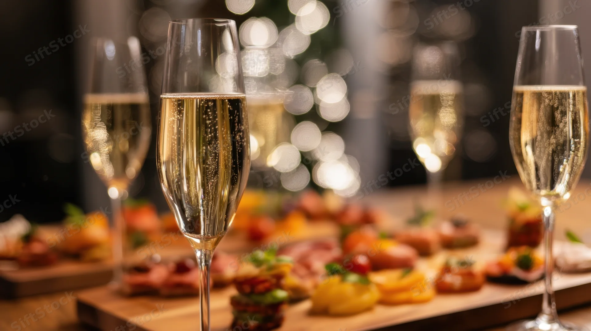 Champagne glasses with appetizers on a wooden board at an elegant celebration