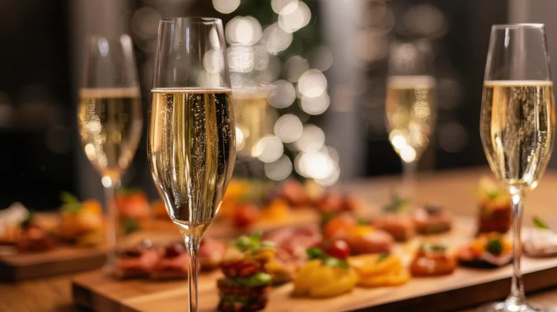 Champagne glasses with appetizers on a wooden board at an elegant celebration