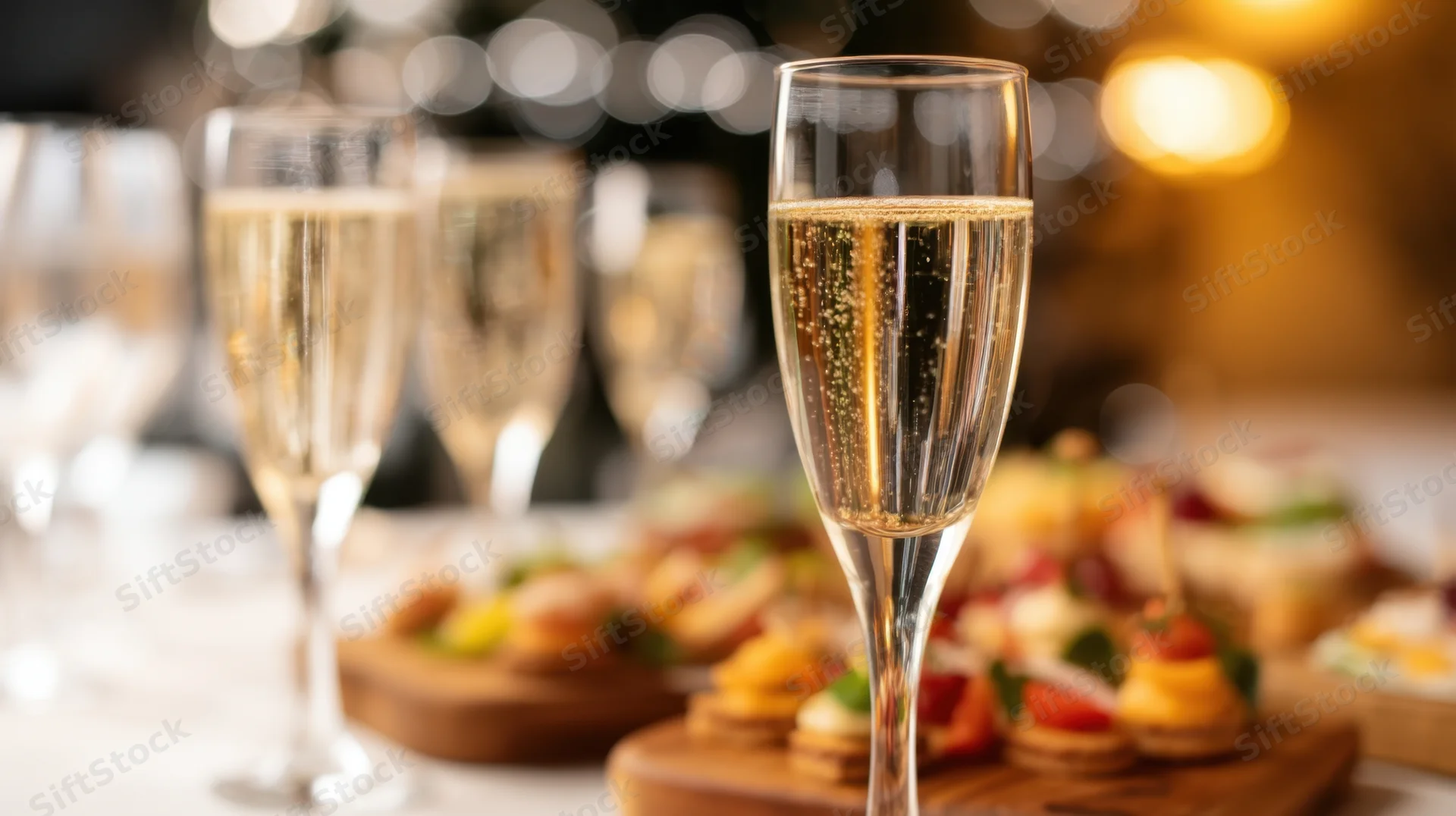 Fluted champagne glasses with appetizers on a table at an elegant celebration