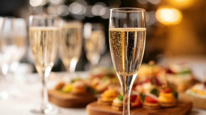 Fluted champagne glasses with appetizers on a table at an elegant celebration
