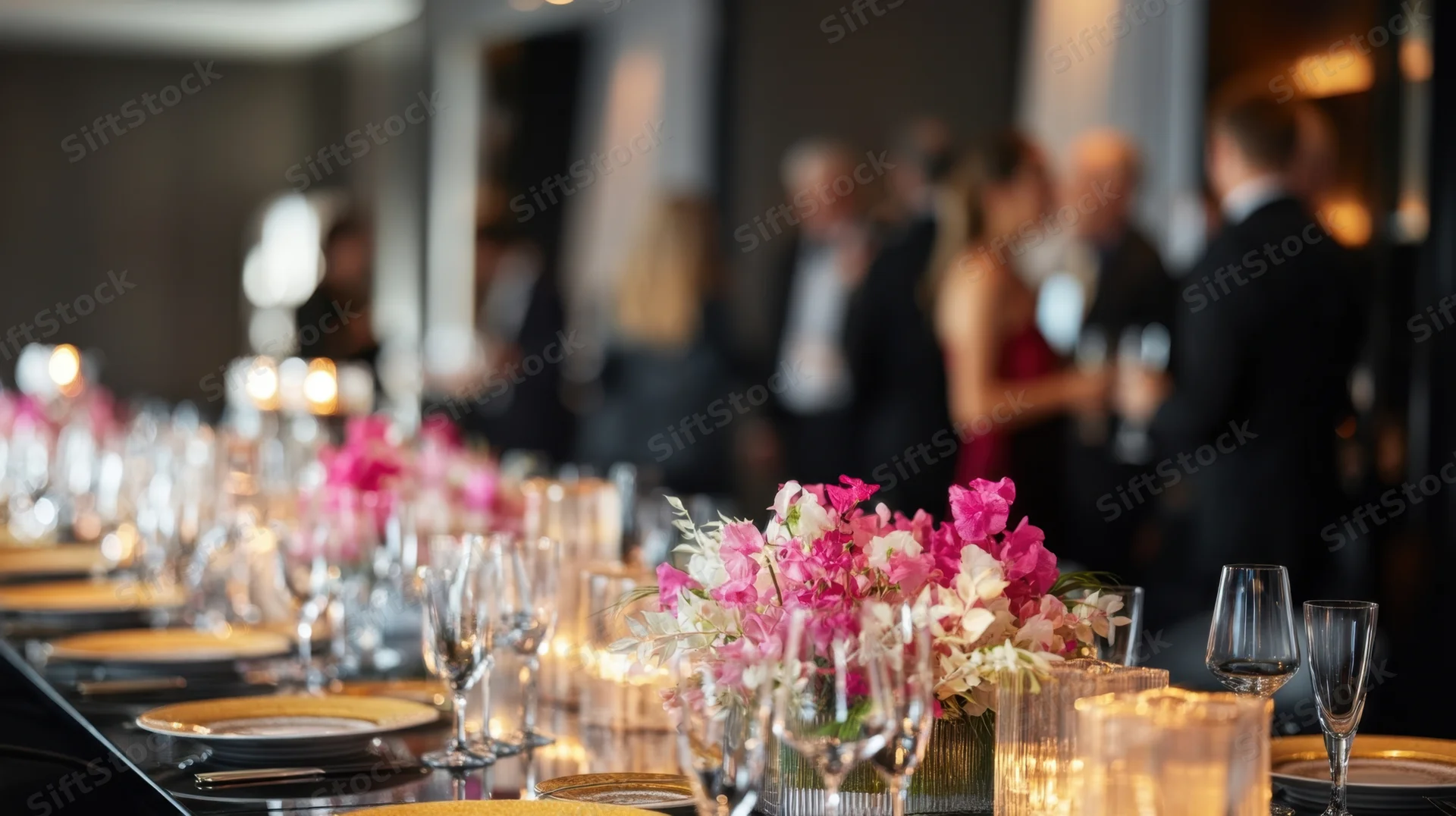 Long table set for formal dinner with floral centerpiece and candles, guests mingling in background
