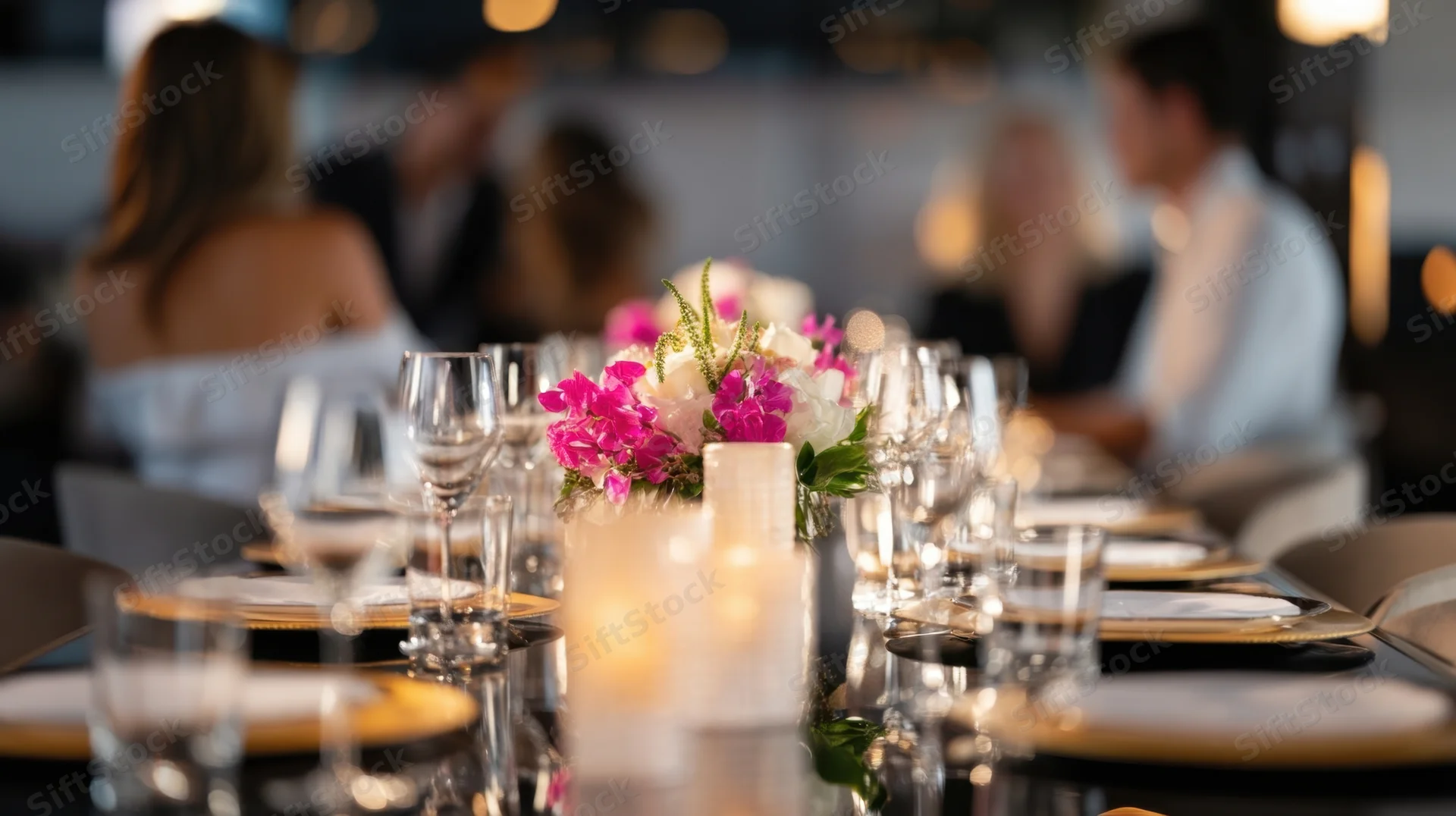 Long table set for formal dinner with floral centerpiece and candlelight, guests seated in background