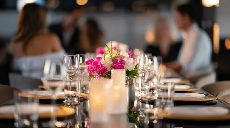 Long table set for formal dinner with floral centerpiece and candlelight, guests seated in background