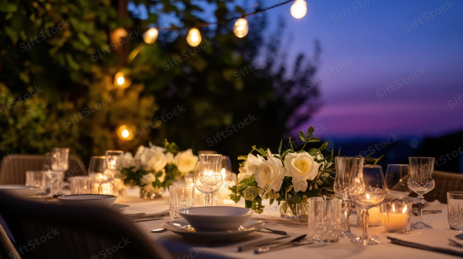 Elegantly set outdoor dinner table with floral centerpiece and candlelight under string lights at twilight
