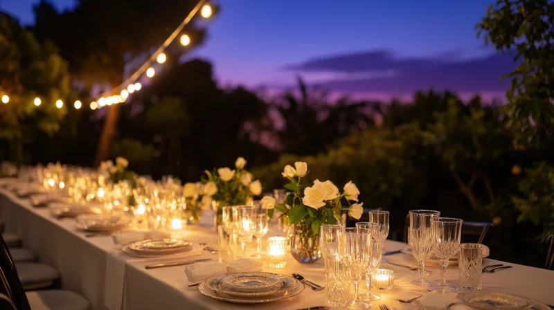 Long outdoor dining table set with white roses, candles and glassware under string lights at twilight in a garden