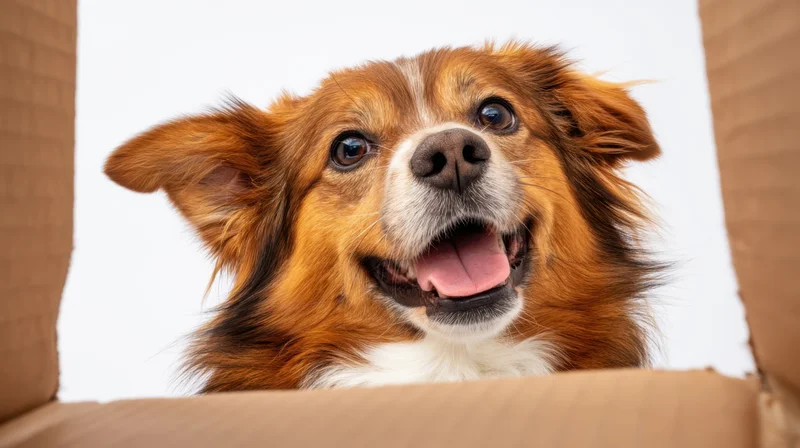 Excited dog peeking out from inside a cardboard box with tongue out and eyes wide open