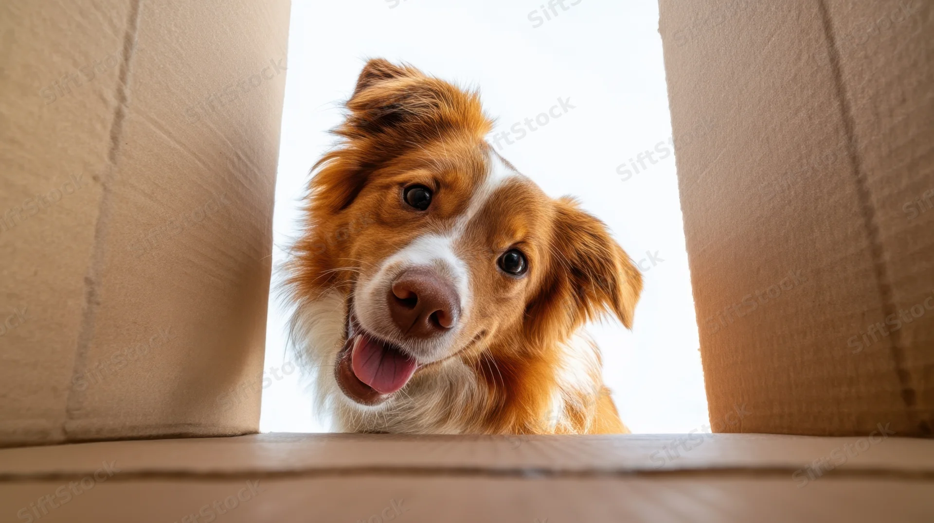Excited dog peeking out from inside a cardboard box with tongue out