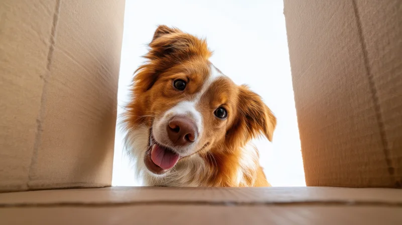 Excited dog peeking out from inside a cardboard box with tongue out