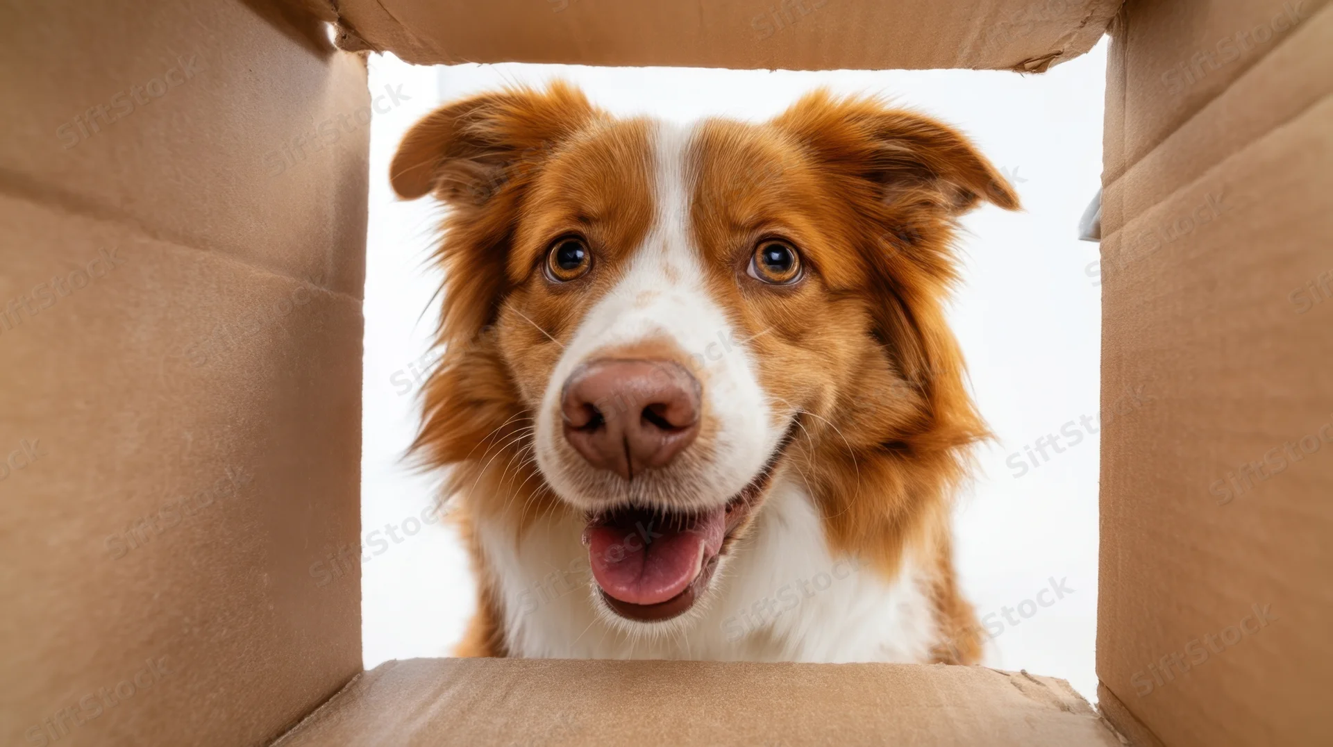Dog peeking out of cardboard box with happy expression in studio setting