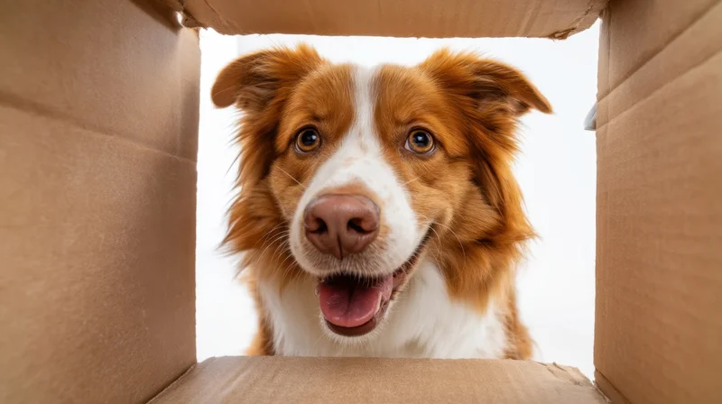 Dog peeking out of cardboard box with happy expression in studio setting
