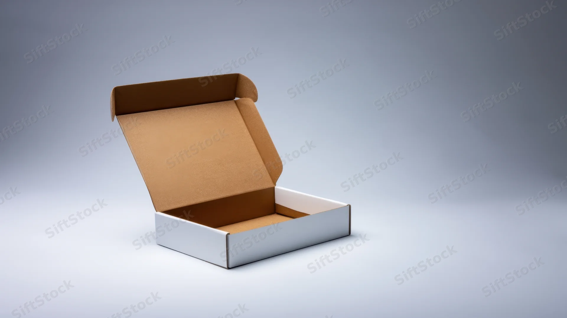 Open white cardboard box with flaps lifted on a gradient background
