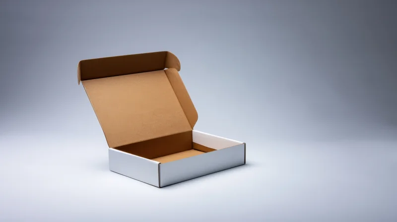 Open white cardboard box with flaps lifted on a gradient background