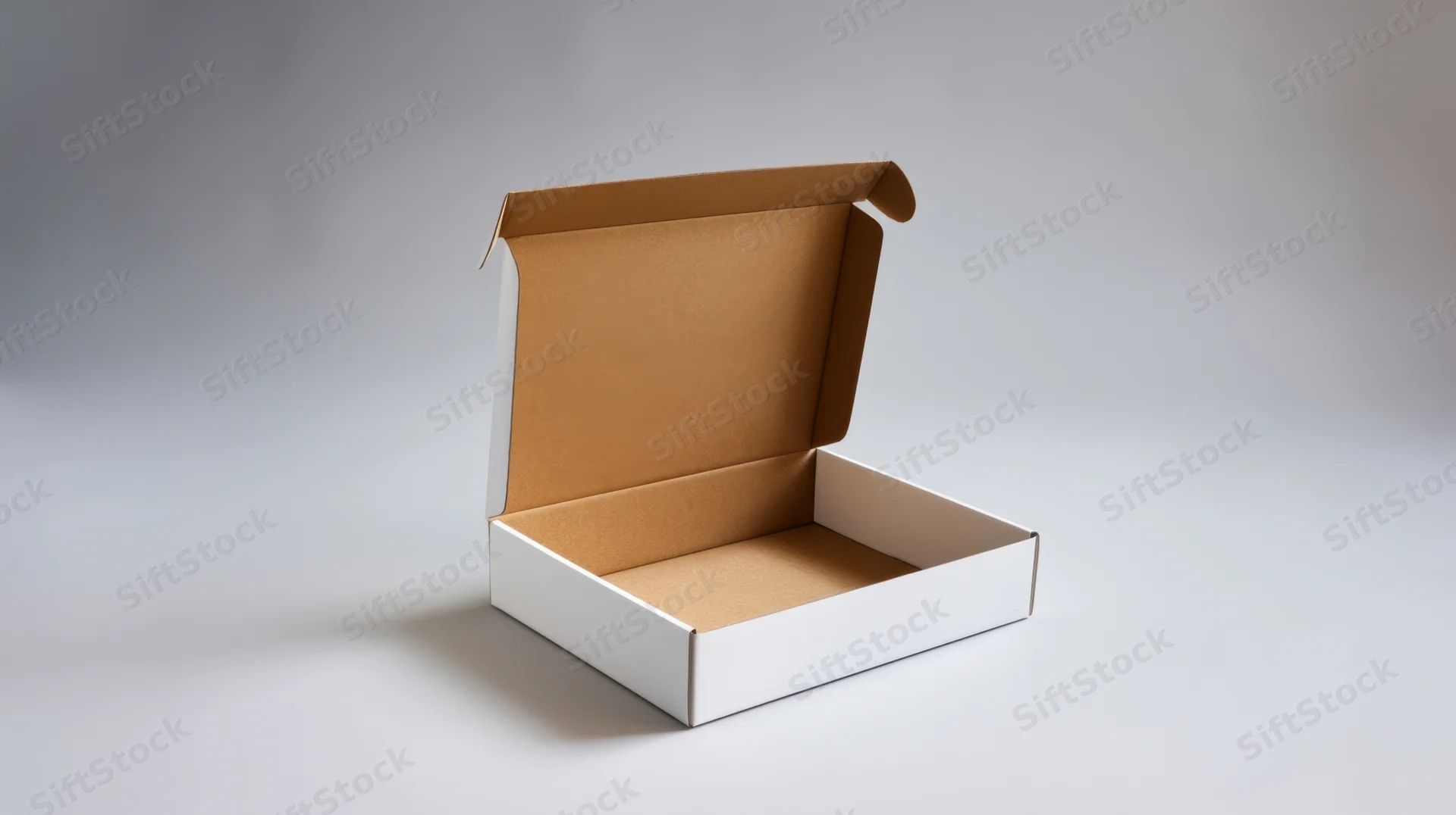 Open white cardboard box with flaps lifted on a plain gray surface