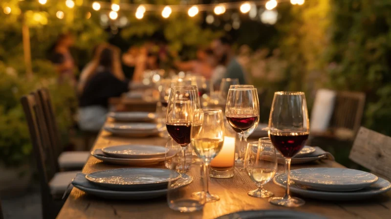Long wooden table set with wine glasses and plates under string lights in a garden at evening