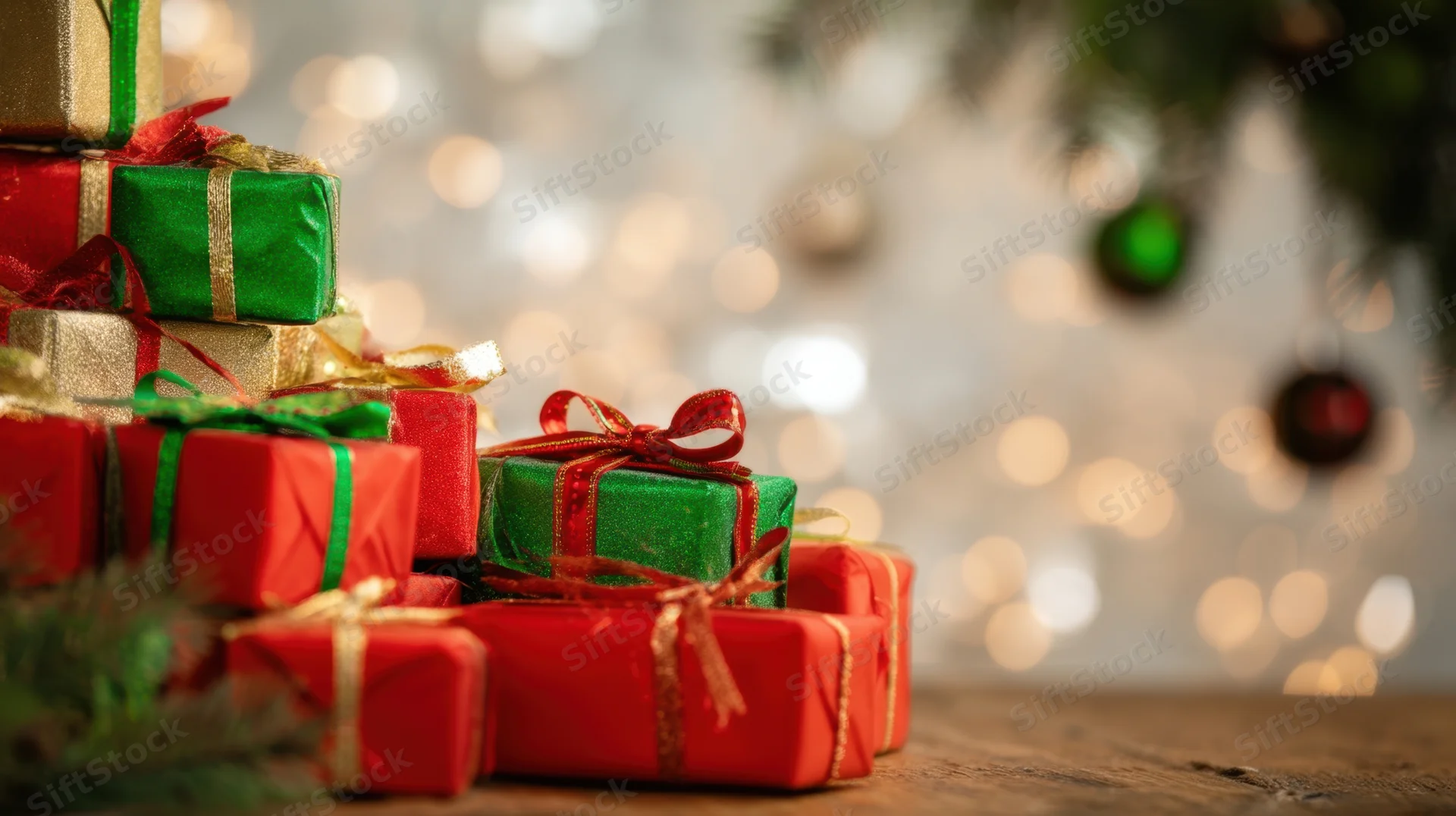 Wrapped christmas gifts stacked on wooden floor near decorated tree with blurred lights in background